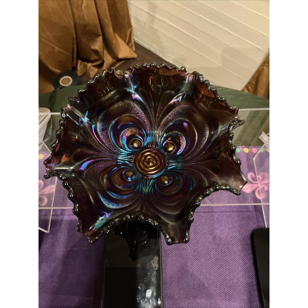 Amethyst Purple Imperial Carnival Glass Scroll Embossed Ruffled Bowl 7 1/2" Wide